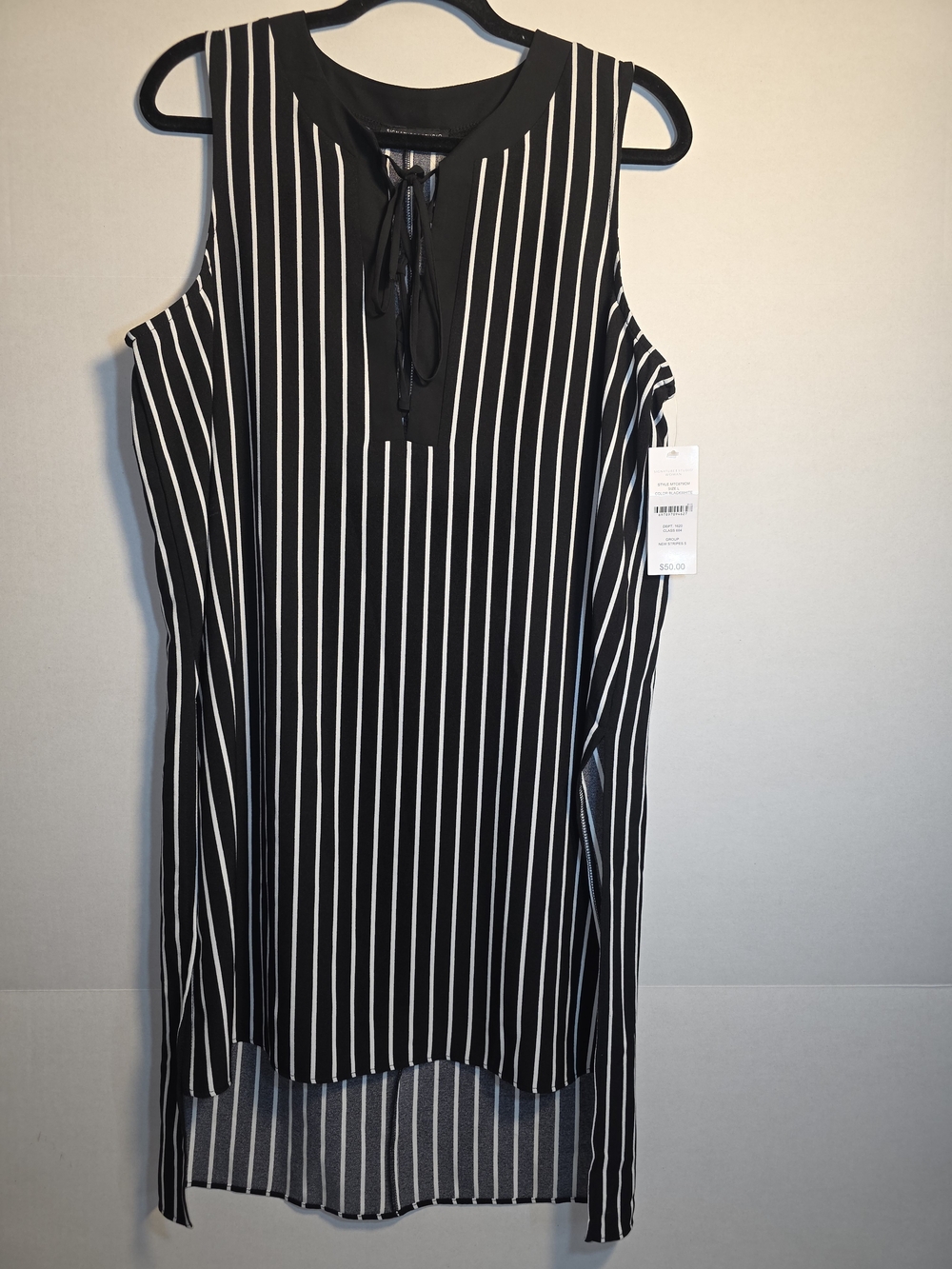 Signature Studio Black and White Vertical Stripe Tie-Front Sleeveless Tunic